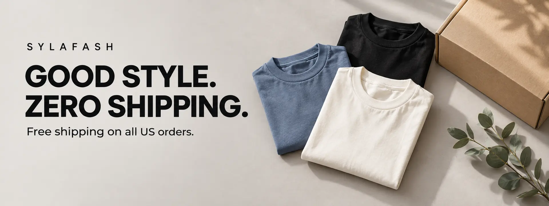 Folded SylaFash shirts and a shipping box: Free shipping on all US orders.
