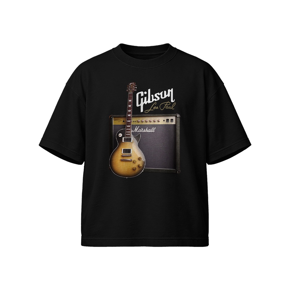 Gibson Les Paul Marshall Amp Graphic T-Shirt - Vintage Rock Guitar Brown Oversized Tee