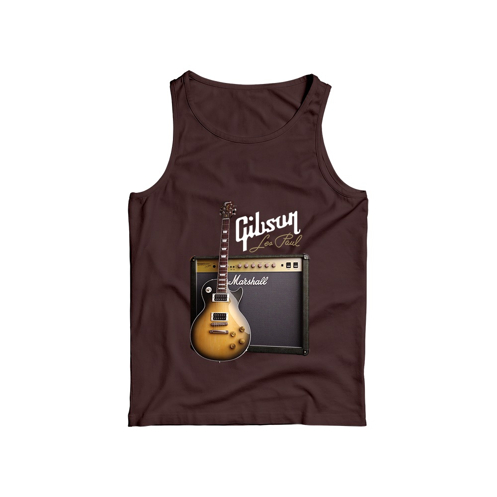 Gibson Les Paul Marshall Amp Graphic T-Shirt - Vintage Rock Guitar Brown Oversized Tee
