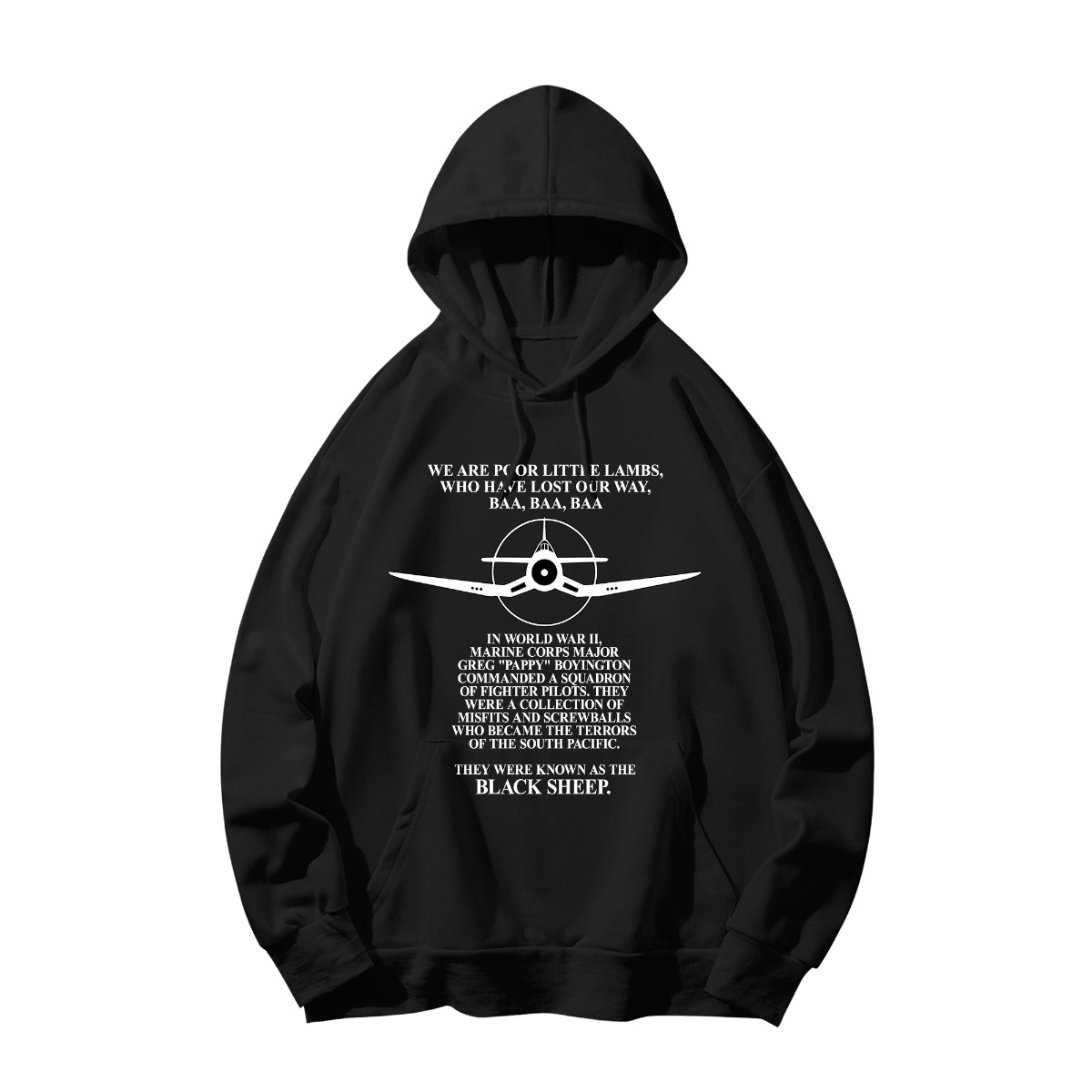 Vintage Black Sheep Squadron T-Shirt, VMF-214 Pappy Boyington WWII Fighter Pilot Graphic Tee - Long Sleeve Shirt - Black