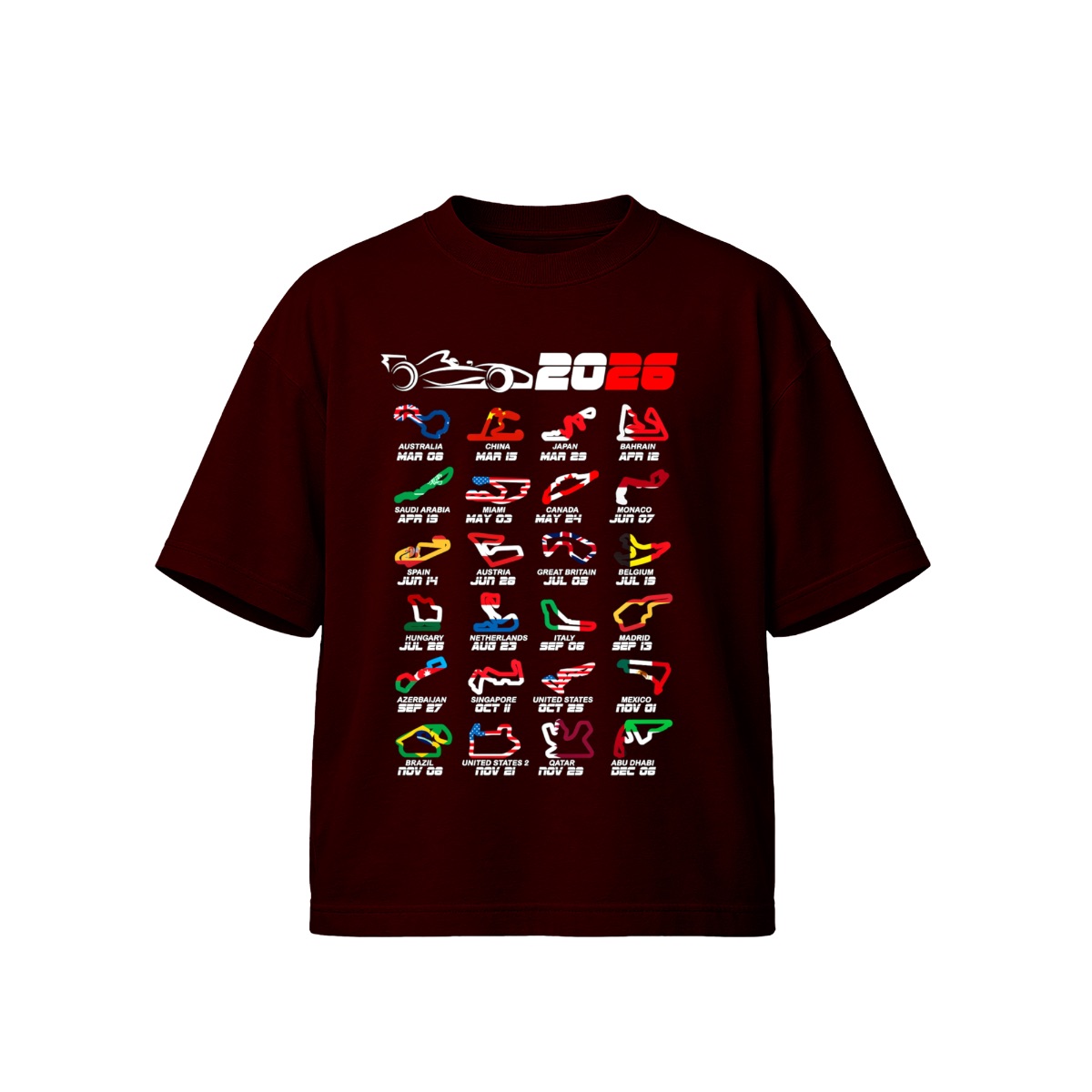 Formula 2026 World Race Calendar T-Shirt, Grand Prix Race Track Circuit Flag Graphic Tee, Motorsport Racing Fan Gift