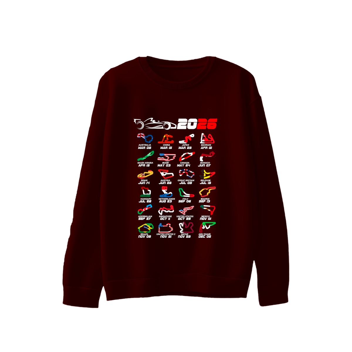 Formula 2026 World Race Calendar T-Shirt, Grand Prix Race Track Circuit Flag Graphic Tee, Motorsport Racing Fan Gift