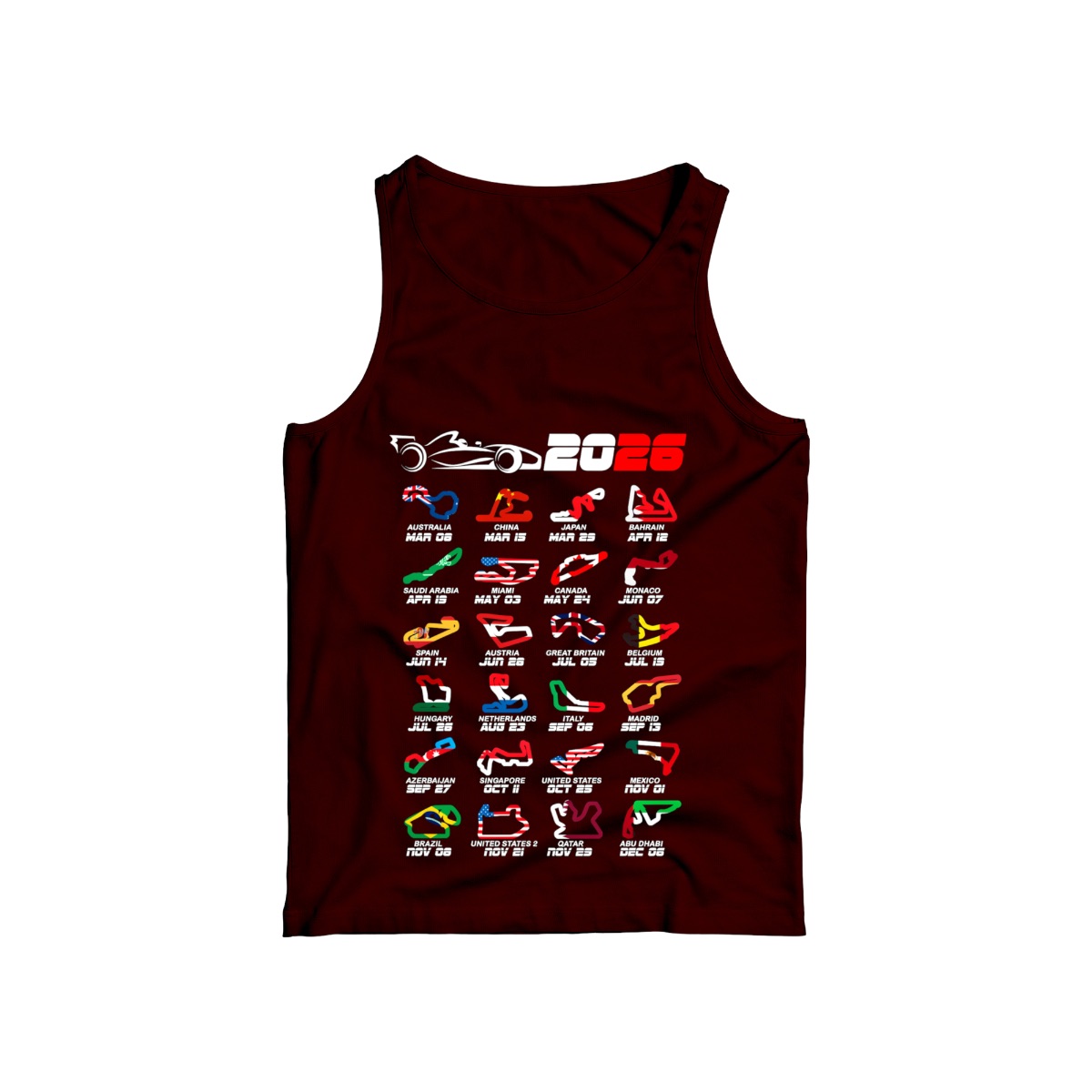 Formula 2026 World Race Calendar T-Shirt, Grand Prix Race Track Circuit Flag Graphic Tee, Motorsport Racing Fan Gift