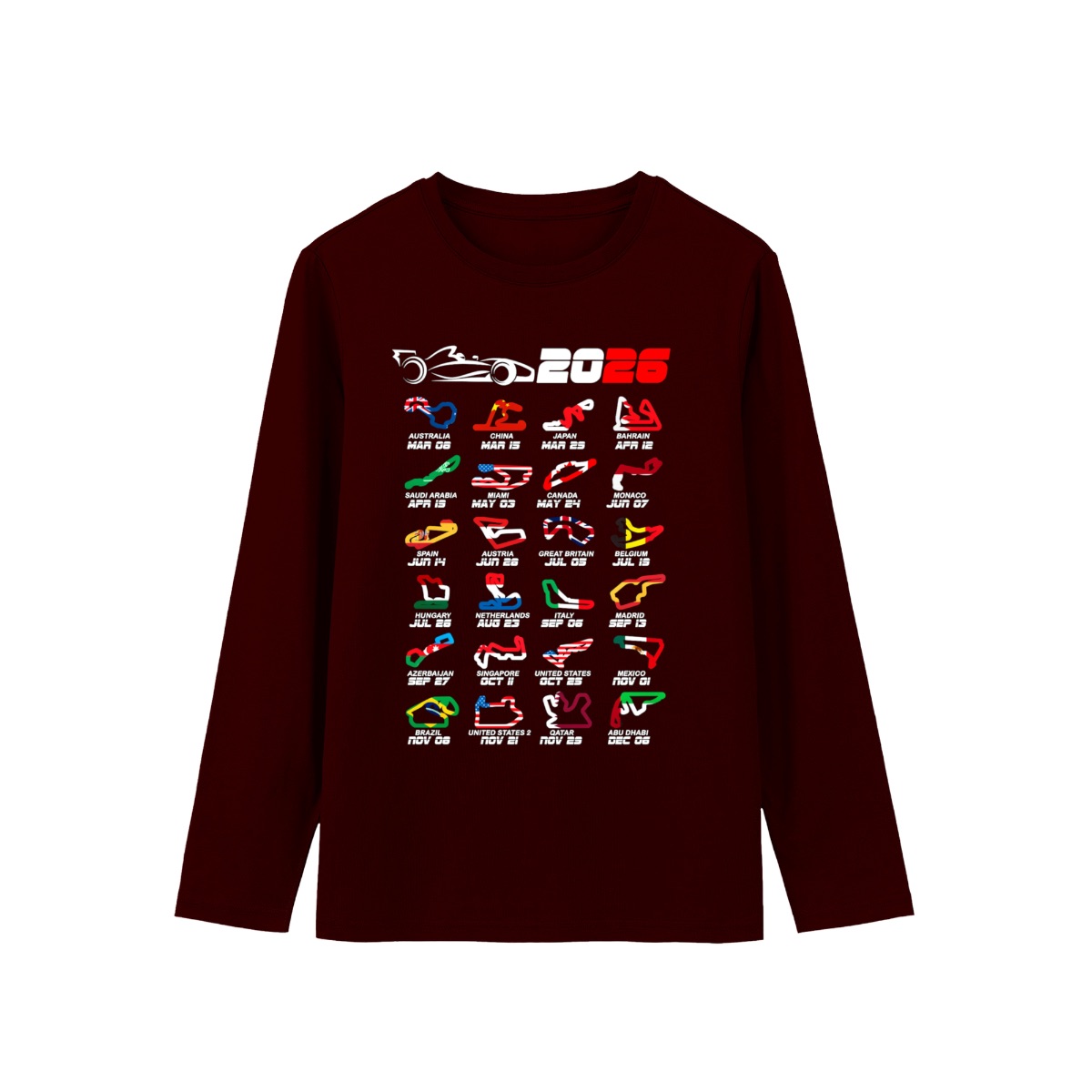 Formula 2026 World Race Calendar T-Shirt, Grand Prix Race Track Circuit Flag Graphic Tee, Motorsport Racing Fan Gift