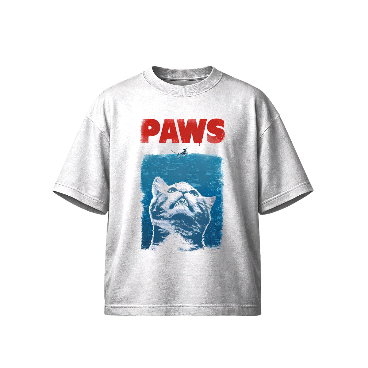 PAWS Funny Cat Jaws Parody T-Shirt - Cute Kitten Ocean Horror Movie Graphic Tee