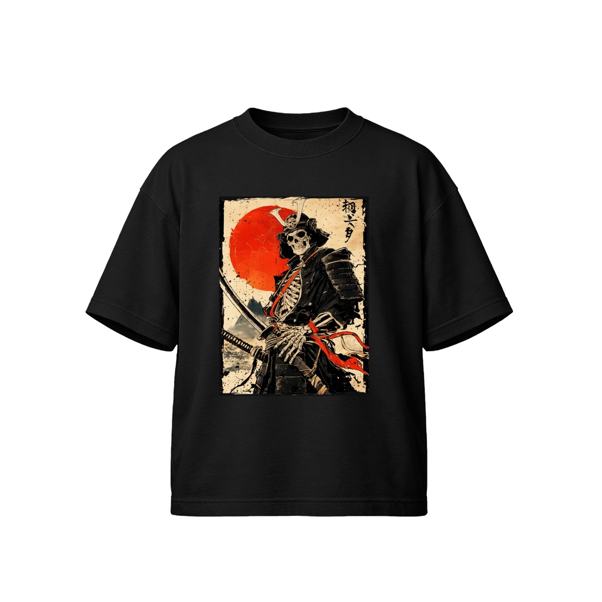 Japanese Samurai Skeleton T-Shirt | Bushido Warrior Katana & Red Sun Art | Dark Fantasy Graphic Tee