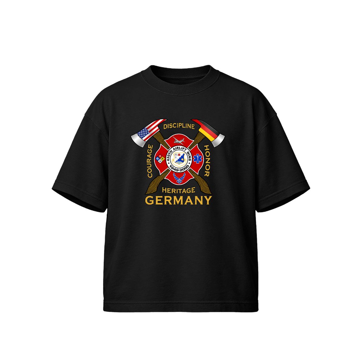Rhein-Main Air Base Fire Department T-Shirt | Courage Discipline Honor Heritage Germany Tee